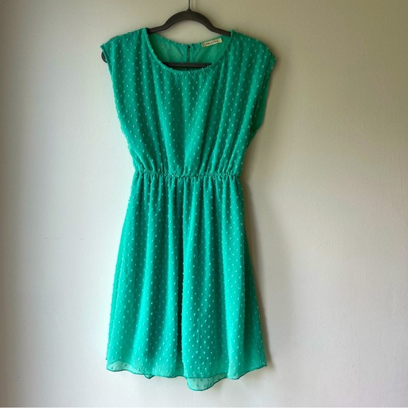 Tea n Rose Green Swiss Dot Cap Sleeve Elastic Waist Dress Small Made in USA - Picture 1 of 11